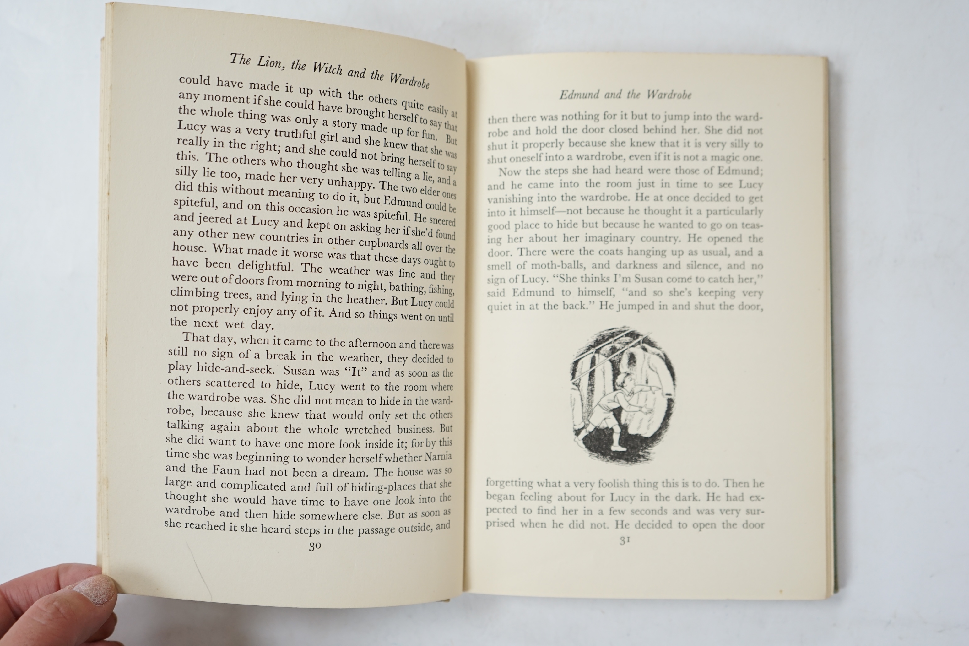 Lewis, C.S. - The Lion, the Witch and the Wardrobe. A Story for Children. 1st edition. coloured frontis. & num. text illus. (by Pauline Baynes, 6 full page); publisher's cloth, silver lettered on spine. Geoffrey Bles, 19